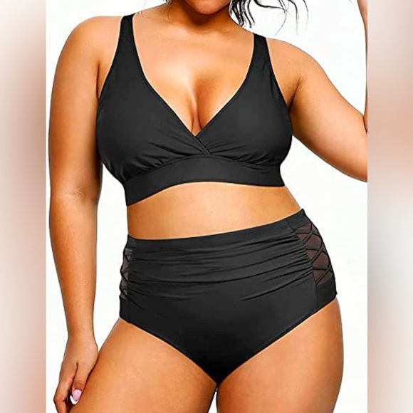 Yonique Womens Plus Size Bikini High Waisted Two Piece Tummy Control Swimwear - Picture 4 of 9